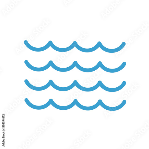 Minimalist blue vector icon featuring four horizontal wavy lines. Graphic representing ocean waves, sea tides, water flow, swimming conditions, and liquid surface dynamics.