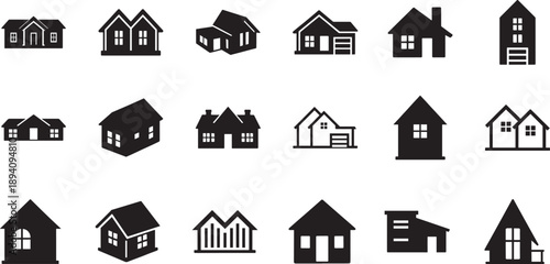 Black glyph houses icon set in EPS vector style for real estate, property, map, app and web design use.