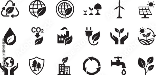 ESG environmental icon set in clean EPS vector style for sustainability, ecology, green energy and business reports.