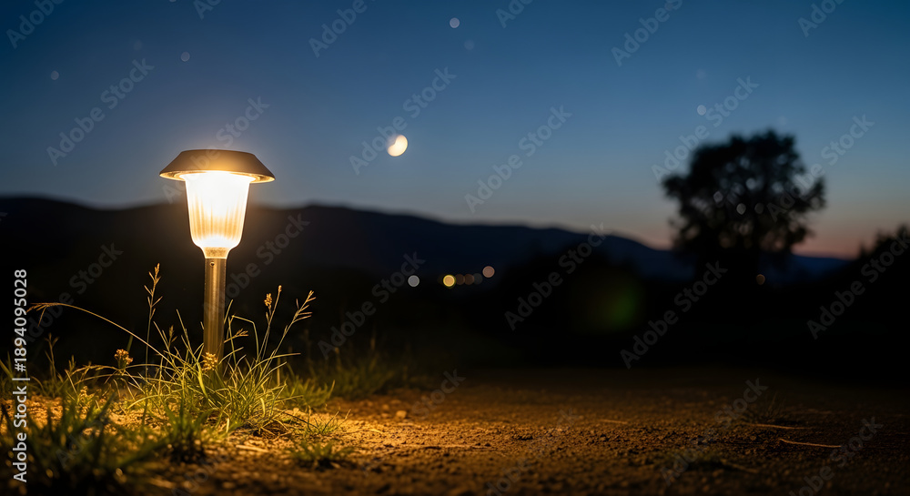 Fototapeta premium Solar garden light illuminating path at night with moon and stars