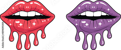 Glossy Dripping Lips Outline Icons Set  Vampire Style with Fangs