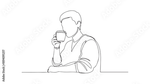 Minimalist Line Art Illustration of a Person Enjoying a Cup of Coffee at a Table