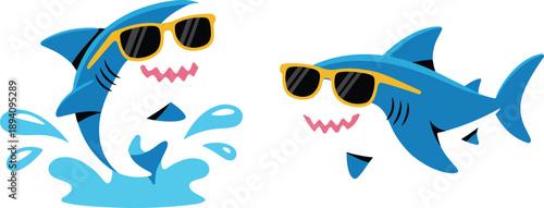 Cute Summer Shark Outline Icon Set  Baby Shark with Sunglasses