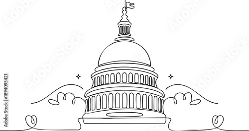 Minimalist Line Art of the United States Capitol Dome, Stylized Architectural Sketch of a Government Building, Monochrome Capitol Building Illustration with Decorative Flourishes, vector.