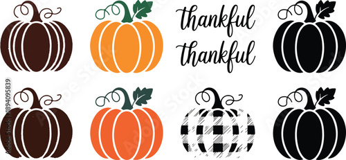 Plaid Pumpkin Outline Icons Set  Cute Fall Decorative Pumpkins