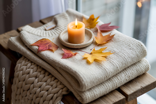 Cozy autumn scene with candle and leaves on folded sweaters