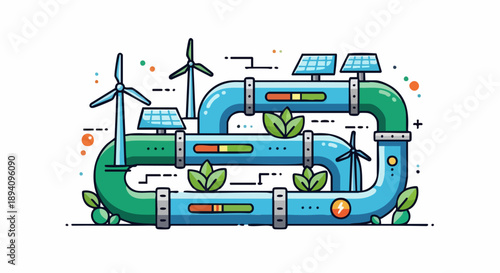 Sustainable Energy System Illustration with Wind Turbines and Solar Panels.