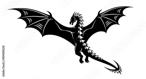 Black dragon silhouette with spread wings a mythical creature in flight perfect for fantasy art game design and tattoo concepts