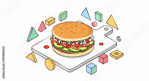 Isometric view of a tasty burger on a cutting board.
