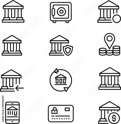 Modern banking and financial services line icon set featuring bank buildings, safe, payment, savings, location, security, transfer and digital finance concepts