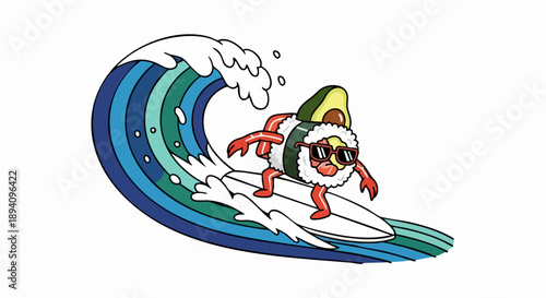 Sushi roll character surfing a wave with sunglasses and avocado.