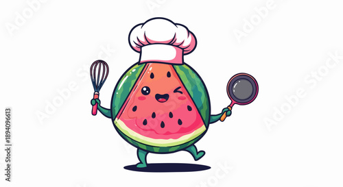 Cute Watermelon Chef Character with Cooking Utensils.