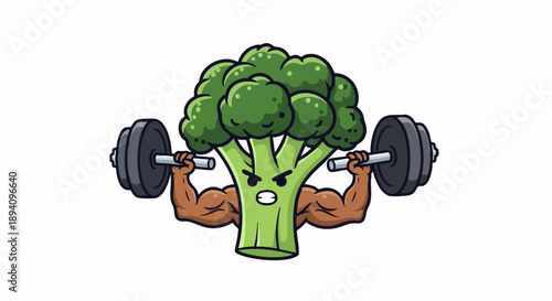 Strong broccoli character lifting weights showing healthy power and fitness.