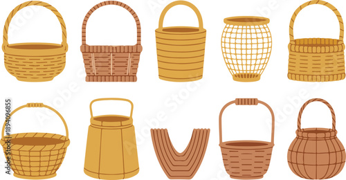 Traditional Wicker Basket Vector Set  Handmade Bamboo and Straw Containers