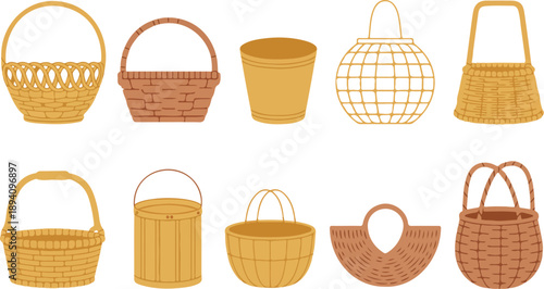 Traditional Wicker Basket Vector Set  Handmade Bamboo and Straw Containers