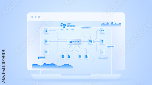 AI workflow automation artificial intelligence. ai agent network diagram dashboard machine learning with data, processing flow, and automation system.