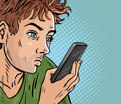 Teenager using smartphone pop art style