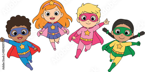 Four Diverse Cartoon Superhero Kids Vector Illustration Flying Characters