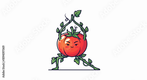 A cartoon tomato doing yoga with vines.