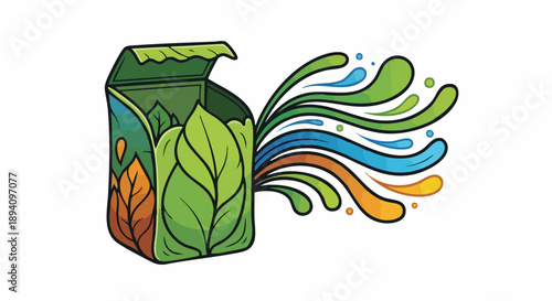 Eco-Friendly Packaging with Leaf Design and Colorful Emanations.