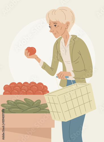 Senior woman choosing fresh vegetables in grocery store