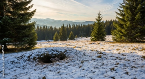 Serene Groundhog Burrow in Snowy Forest Clearing