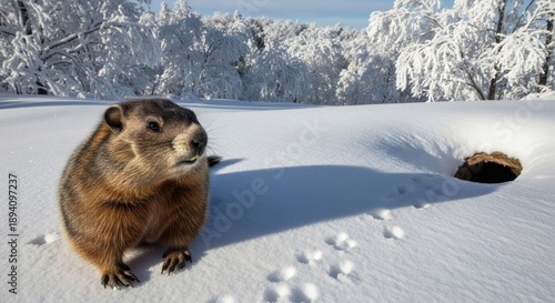 Playful Groundhog Casting Shadow on Winter Snow