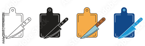 Knife and Cutting board icon set. Cooking desk with knife icon, Cutting chopping board symbol isolated on white background. Vector illustration.