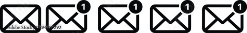 Row of notification email envelope icons with unread message badge, flat black outline symbols representing inbox alerts, communication updates, digital messaging, and user interface design elements