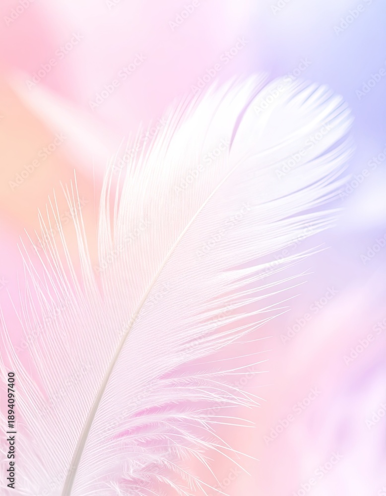 Obraz premium A delicate white feather rests against a soft, pastel background of pink, lavender, and peach.