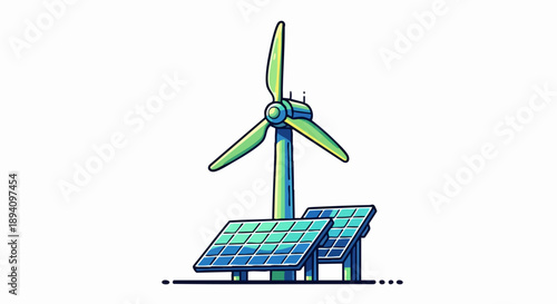 Renewable Energy Sources Wind Turbine and Solar Panels Illustration.