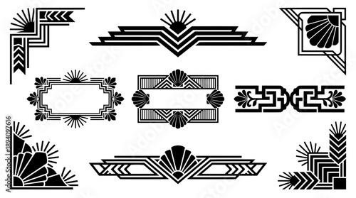 Set of black art deco frames and corners featuring geometric chevron and sunburst shell motifs for elegant vintage design projects.