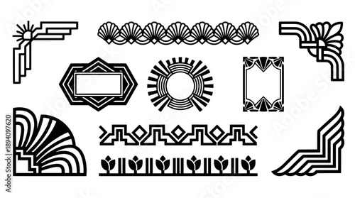 Collection of bold black art deco style ornaments featuring high contrast geometric frames and corners for vintage wedding invitation design layouts.