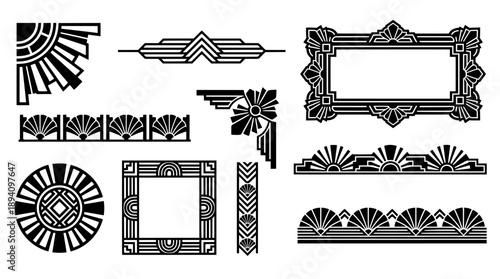 Comprehensive set of black 1920s art deco ornaments including geometric frames corners and dividers for retro wedding invitation design.