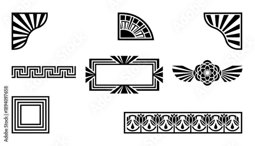 Vintage jazz age graphic assets set featuring black geometric art deco corners and floral borders for elegant wedding invitation layout.