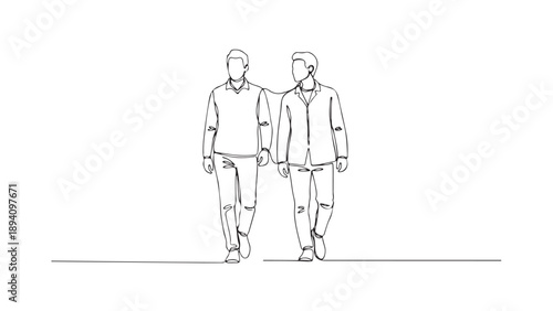 Two Friends Walking Together Side by Side in a Minimalist Line Art Illustration, Depicting Companionship and Friendship