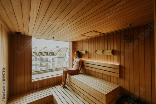 Woman sitting in sauna with...