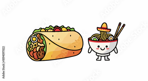 Cute Cartoon Burrito and Ramen Bowl Characters with Sombrero.