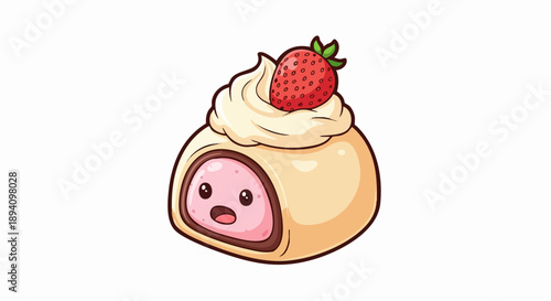 Cute Cartoon Mochi Dessert with Strawberry Topping and Surprised Face.