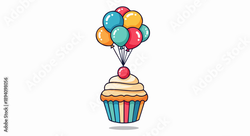 Cupcake Ascending - A Whimsical Balloon-Lifted Dessert Illustration.