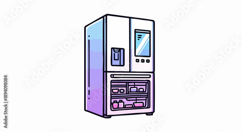 Modern Smart Refrigerator with Touchscreen Display and Water Dispenser.