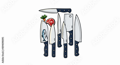 Collection of Kitchen Knives and Food Items Illustration.