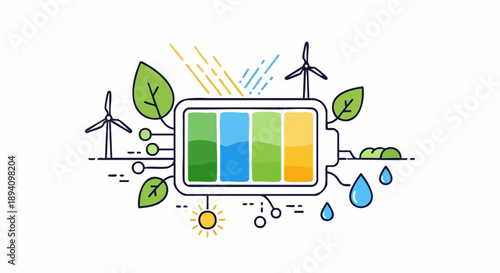 Green energy battery concept with renewable sources and leaves.