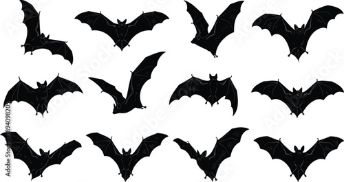 Flying bat silhouette collection featuring nocturnal wildlife mammals with spread wings in spooky black vector illustration isolated on white background