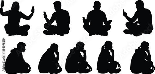 People using smartphones silhouette collection showing men and women sitting, thinking, and browsing mobile devices in modern lifestyle poses illustration