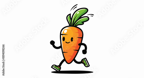 Happy cartoon carrot running with a smile and green leaves.