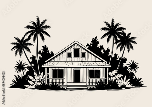 Charming tropical wooden cabin illustration nestled among lush palm trees, evoking a peaceful island paradise getaway scene