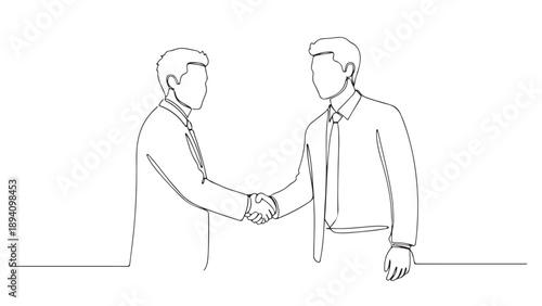Two businessmen shaking hands in a minimalist line art illustration, symbolizing agreement and partnership in business contexts and deal making