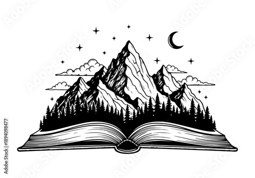 Enchanting Mountain Landscape Illustration Emerging from an Open Book, Symbolizing Imaginative Storytelling and Nature's Grandeur in a Mystical Night Scene