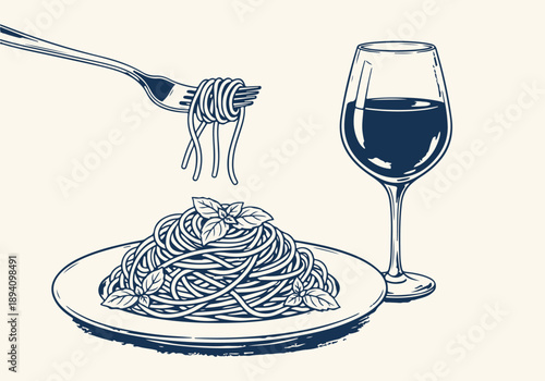 Elegant hand-drawn vector illustration of delicious Italian spaghetti pasta with fresh basil and a glass of red wine, perfect for restaurant menus and culinary designs